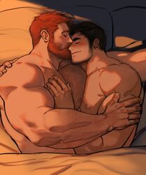  2boys bara bed bed_sheet black_hair blush body_hair chest_hair closed_eyes couple dopey_(dopq) highres hug kissing kissing_nose large_pectorals male_focus mature_male multiple_boys muscular muscular_male mutual_hug orange_hair original pectoral_docking pectoral_press pectorals pillow yaoi 