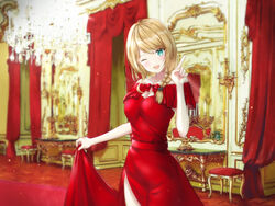  blonde_hair blush braid braided_ponytail breasts claire_cruller claire_eikaiwa collarbone dress female formal long_dress looking_at_viewer one_eye_closed red_dress side_braid side_slit skirt_hold solo tim86231 virtual_youtuber 