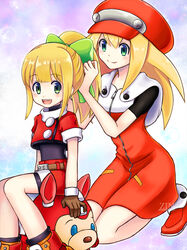  2girls :d adjusting_bow artist_name bike_shorts blonde_hair blush bow brown_gloves cabbie_hat character_doll closed_mouth commentary_request cosplay costume_switch cropped_jacket dress gloves green_bow green_eyes hairbow happy hat jacket kneeling long_hair looking_at_viewer mega_man_(classic) mega_man_(series) mega_man_legends_(series) multiple_girls open_mouth ponytail red_headwear red_jacket red_shorts roll_(mega_man) roll_(mega_man)_(cosplay) roll_caskett_(mega_man) roll_caskett_(mega_man)_(cosplay) rush_(mega_man) short_sleeves shorts sitting smile teeth upper_teeth_only watermark zin_(hamizu) 