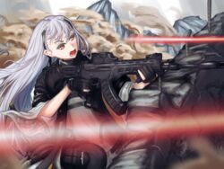  absurdres ak-alfa_(girls&#039;_frontline) assault_rifle black_gloves brown_eyes energy_beam female firing girls&#039;_frontline gloves grey_hair gun hair_between_eyes hairband highres holding holding_gun holding_weapon jacket long_hair mountainous_horizon open_mouth partially_fingerless_gloves reflex_sight rifle siki10ga trench very_long_hair weapon 