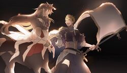  2boys achilles_(fate) adapted_costume animal_ears armor bad_id bad_twitter_id breastplate brown_hair capelet centaur chiron_(fate) cosplay fate/apocrypha fate_(series) flag horse_ears jeanne_d&#039;arc_(fate) jeanne_d&#039;arc_(ruler)_(fate) jeanne_d&#039;arc_(ruler)_(fate)_(cosplay) long_hair male_focus manly monster_boy mordred_(fate) mordred_(fate/apocrypha) mordred_(fate/apocrypha)_(cosplay) multiple_boys no-kan plackart taur thighhighs 