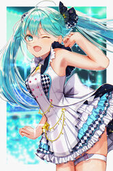  ;d ahoge armpits blue_eyes blue_hair chikuwabu_tea commentary_request cowboy_shot dress female floating_hair hair_between_eyes hatsune_miku highres layered_dress long_hair more_more_jump!_(project_sekai) more_more_jump!_miku one_eye_closed open_mouth partial_commentary project_sekai short_dress sleeveless sleeveless_dress smile solo sparkle standing thigh_strap very_long_hair vocaloid 