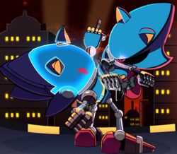  angry anthro blue_archer_(artist) chaos_sonic city duo fight gesture hand_gesture hi_res light lighting machine male metal_sonic middle_finger netflix on_model robot sega sky sonic_prime sonic_the_hedgehog_(series) thigh_gap thin_calves thin_legs thin_thighs 