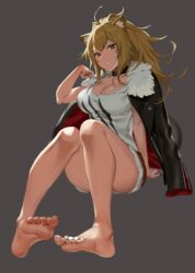  2020 animal_humanoid arknights barefoot blonde_hair bomber_jacket breasts cleavage clothed clothing collar colored_nails feet felid felid_humanoid female hair hi_res humanoid humanoid_feet hypergryph ikomochi jacket lion_humanoid mammal mammal_humanoid nails pantherine pantherine_humanoid plantigrade shirt siege_(arknights) soles solo studio_montagne topwear 