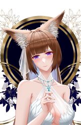  absurdres amagi_(azur_lane) animal_ear_fluff animal_ears azur_lane breasts brown_hair center_opening cocktail_dress criss-cross_halter dress evening_gown female frozen-sad halterneck highres jewelry long_hair looking_at_viewer necklace purple_eyes simple_background sleeveless sleeveless_dress solo upper_body white_background white_dress 