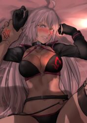  1boy ahoge bikini black_bikini black_gloves blush breasts choker command_spell fate/grand_order fate_(series) female gloves highres holding holding_another&#039;s_arm holding_another&#039;s_thighs jeanne_d&#039;arc_alter_(fate) jeanne_d&#039;arc_alter_(swimsuit_berserker)_(fate) kilye_kairi leg_lift long_hair looking_at_viewer lying medium_breasts o-ring o-ring_bikini on_back on_bed pov pov_hands straight swimsuit very_long_hair yellow_eyes 