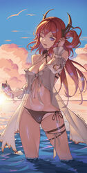  ;p arknights bare_shoulders bikini blue_sky bowlp breasts cleavage cloud commentary_request cup day female groin hair_intakes hair_rings highres holding horns large_breasts looking_at_viewer navel one_eye_closed outdoors purple_eyes red_hair side-tie_bikini_bottom sky solo stomach surtr_(arknights) surtr_(colorful_wonderland)_(arknights) swimsuit thigh_strap thighs tongue tongue_out wading water 