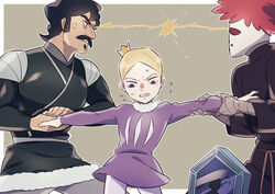  2boys anger_vein armor bebinn black_hair blonde_hair blush clenched_teeth commentary_request crown daida eye_contact facial_hair female holding holding_hands long_sleeves looking_at_another male_focus mini_crown miranjo moustache multiple_boys nikomi_(nikomix) ousama_ranking pantyhose purple_tunic short_hair shoulder_armor sweat teeth 