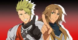  2boys achilles_(fate) armor brown_hair carnival_phantasm chiron_(fate) commentary_request fake_screenshot fate/apocrypha fate_(series) gradient_background green_eyes green_hair grin long_hair male_focus multiple_boys no-kan parody pointing smile style_parody super_affection undercut yellow_eyes 