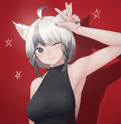  ahoge animal_ears arm_up bad_id bad_pixiv_id blush braid breasts cat_ears facial_mark female final_fantasy final_fantasy_xiv grey_eyes grey_hair halterneck looking_at_viewer medium_breasts mihato_senba miqo&#039;te one_eye_closed red_background short_hair sleeveless slit_pupils solo twin_braids v warrior_of_light_(ff14) whisker_markings 