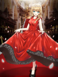  blonde_hair blush braid braided_ponytail claire_cruller claire_eikaiwa dress female formal full_body high_heels highres long_dress long_hair looking_at_viewer red_dress short_braid side_braid skirt_hold smile solo tim86231 virtual_youtuber 