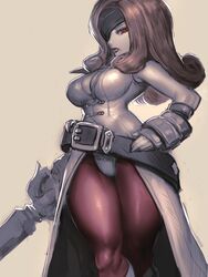  beatrix_(ff9) belt breasts brown_hair curly_hair eyepatch female final_fantasy final_fantasy_ix fingerless_gloves gloves hand_on_own_hip highres kisuu large_breasts looking_at_viewer loose_belt pantyhose save_the_queen simple_background solo standing sword thick_thighs thighs weapon 