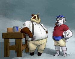  2020 anthro arm_support ball barnaby_(overzen) baseball_cap bear belly big_belly black_nose brown_body brown_fur bucket can canid canine canis clothed clothing container digital_drawing_(artwork) digital_media_(artwork) domestic_dog dress_shirt duo fanny_pack footwear fur giant_panda grey_body grey_fur half-closed_eyes hat headgear headwear herding_dog hi_res holding_object holding_protractor holding_soccer_ball izvy_(artist) khaki_pants khaki_shorts leaning leaning_on_elbow male mammal maroon_polo_shirt maroon_shirt max_panda mouth_hold multicolored_body multicolored_fur narrowed_eyes object_behind_ear object_in_mouth old_english_sheepdog overweight overweight_male overzen_(characters) paint paint_can pastoral_dog pencil_(object) pencil_behind_ear polo_shirt print_baseball_cap print_clothing print_hat print_headgear print_headwear protractor red_clothing red_polo_shirt red_shirt red_topwear sheepdog shirt shoes simple_background smile smoking_pipe smoking_pipe_in_mouth sneakers soccer_ball socks suspenders tan_body tan_fur topwear two_tone_body two_tone_fur white_body white_clothing white_dress_shirt white_footwear white_fur white_socks white_tennis_shoes writing_utensil 