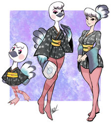  2020 alternate_species animal_crossing anthro asian_clothing avian avoid_posting bird blanche_(animal_crossing) breasts clothing east_asian_clothing feathers female footwear group hand_fan holding_object human humanized japanese_clothing kimono long_legs looking_at_viewer makeup mammal narrowed_eyes nintendo ostrich ratite sandals semi-anthro simple_background smile standing tail tail_feathers themadcatter uchiwa_fan white_body white_feathers wings 