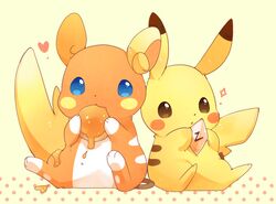  alolan_raichu blue_eyes brown_eyes commentary_request eating heart holding no_humans pikachu pokemon pokemon_(creature) sitting ushiina yellow_fur z-crystal 