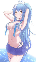  ahoge alternate_costume arms_up bikini bikini_top_only blue_hair blue_skirt blush breasts caustics cleavage colored_tips cowboy_shot female flower flower_knot glint hair_flower hair_ornament hands_in_hair heart heart_ahoge highres hololive large_breasts light_blue_hair long_hair looking_at_viewer miniskirt multicolored_hair navel o-ring o-ring_bikini open_mouth pleated_skirt pointy_ears ponytail skindentation skirt solo stomach streaked_hair swimsuit taraneko_miso thigh_strap thighs two-tone_hair virtual_youtuber wading water wet white_bikini yellow_eyes yukihana_lamy 