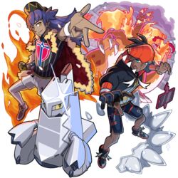  2boys argyle baseball_cap black_footwear black_hair black_hoodie bright_pupils cape champion_uniform charizard commentary_request dark-skinned_male dark_skin duraludon dynamax_band earrings eire_(sai_fuji) facial_hair fire flame-tipped_tail fur-trimmed_cape fur_trim gigantamax gigantamax_charizard gloves hat hood hoodie jewelry leggings legs_apart leon_(pokemon) long_hair male_focus multiple_boys parted_lips partially_fingerless_gloves pokemon pokemon_(creature) pokemon_swsh purple_hair raihan_(pokemon) red_cape rotom rotom_phone shirt shoes short_hair short_shorts short_sleeves shorts side_slit side_slit_shorts single_glove smile sparkle standing undercut w white_legwear white_pupils white_shorts yellow_eyes 