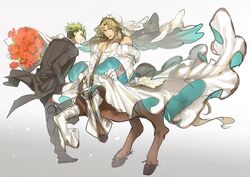  2boys achilles_(fate) adapted_costume bad_id bad_twitter_id bare_shoulders bouquet bridal_veil brown_hair centaur chiron_(fate) commentary_request cosplay detached_sleeves dress fate/apocrypha fate/extra fate/extra_ccc fate_(series) flower formal gloves green_hair groom husband_and_husband male_focus monster_boy multiple_boys nero_claudius_(bride)_(fate) nero_claudius_(bride)_(fate)_(cosplay) nero_claudius_(bride)_(second_ascension)_(fate) nero_claudius_(fate) no-kan parody pectorals skirt_hold suit taur undercut veil wedding_dress white_gloves yaoi zipper 