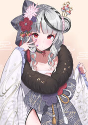  absurdres black_choker black_hair blunt_bangs blush breasts chest_sarashi choker cleavage female flower frilled_sleeves frills fur_collar grey_hair hair_bun hair_flower hair_ornament hair_ribbon hair_stick highres hololive japanese_clothes kimono long_hair long_sleeves looking_at_viewer multicolored_hair nail_polish purple_nails red_eyes ribbon sakamata_chloe sakamata_chloe_(new_year) sarashi single_side_bun solo streaked_hair taraneko_miso virtual_youtuber white_kimono 