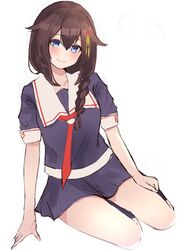  ahoge bad_id bad_twitter_id black_hair black_serafuku black_skirt blue_eyes braid commentary_request female full_body hair_flaps hair_over_shoulder head_tilt kantai_collection long_hair looking_at_viewer neckerchief pleated_skirt red_neckerchief sailor_collar school_uniform serafuku shigure_(kancolle) shigure_kai_ni_(kancolle) shiina_aoi simple_background single_braid sitting skirt smile solo white_background white_sailor_collar yokozuwari 