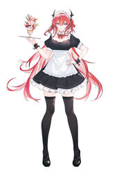  absurdres alternate_costume arknights bangs black_footwear black_legwear bow bowtie closed_mouth commentary_request dress fanshu female frilled_dress frills full_body hair_between_eyes highres horns long_hair looking_at_viewer maid maid_headdress parfait pink_eyes puffy_short_sleeves puffy_sleeves red_hair shoes short_sleeves simple_background solo surtr_(arknights) thighhighs white_background wrist_cuffs zettai_ryouiki 