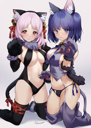  2girls animal_ear_fluff animal_ears animal_hands blue_eyes blue_hair breasts brown_eyes cat_ears cat_tail cleavage commission cosplay elbow_gloves embarrassed fake_animal_ears fake_tail fate/kaleid_liner_prisma_illya fate_(series) garter_straps gloves illyasviel_von_einzbern illyasviel_von_einzbern_(beast_style) illyasviel_von_einzbern_(beast_style)_(cosplay) illyasviel_von_einzbern_(cosplay) kate_iwana kneeling large_breasts leotard looking_at_viewer miyu_edelfelt miyu_edelfelt_(beast_style) miyu_edelfelt_(beast_style)_(cosplay) miyu_edelfelt_(cosplay) multiple_girls original paw_gloves pink_hair signature skeb_commission tail thighhighs thong twintails 