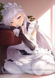  apron arm_support artist_name azur_lane belfast_(azur_lane) black_dress black_gloves blush braid breasts closed_mouth dress elbow_gloves feet_out_of_frame female frilled_apron frills gloves highres kopianget large_breasts long_hair looking_at_viewer maid maid_headdress on_floor pantyhose purple_hair sitting smile solo underbust very_long_hair white_apron white_hair white_pantyhose yokozuwari 