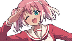  ;d arm_up bangs blush commentary eyebrows_visible_through_hair female flower green_eyes hair_between_eyes hair_flower hair_ornament happy highres hiiragi_nana long_sleeves looking_at_viewer multicolored_hair munou_na_nana neckerchief one_eye_closed open_mouth pink_hair red_neckwear red_shirt sailor_collar salute sayshownen school_uniform shirt short_hair smile solo two-tone_hair two_side_up upper_body white_background white_sailor_collar 