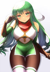  armor black_thighhighs blush boots breastplate female fire_emblem fire_emblem:_shadow_dragon fire_emblem_heroes gloves green_eyes green_hair hand_in_own_hair headband highres long_hair md5_mismatch palla_(fire_emblem) red_scarf resolution_mismatch scarf sitting smile solo source_smaller thick_thighs thigh_boots thighhighs thighs yozu_(yozu0420) 