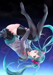  absurdres aqua_eyes aqua_hair black_skirt black_thighhighs closed_mouth female full_body grey_hoodie hair_ornament hatsune_miku headphones highres hood hoodie hugging_own_legs long_hair miniskirt no_shoes pleated_skirt sideways_glance skirt smile solo thighhighs twintails upside-down very_long_hair vocaloid yro_(user_hwfa3732) zettai_ryouiki 