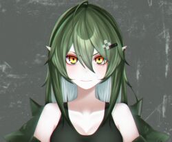  alternate_costume antenna_hair arknights bare_shoulders breasts chromatic_aberration commentary_request expressionless eyelashes female gavial_(arknights) green_hair grey_background hair_between_eyes highres keto_(funrei_doryoku) looking_at_viewer medium_breasts pale_skin pointy_ears solo yellow_eyes 