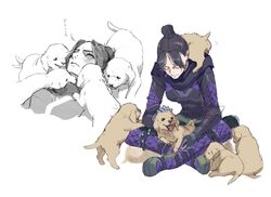  annoyed apex_legends black_bodysuit black_eyes black_hair black_scarf blush bodysuit canine dog_on_lap expressionless female hair_bun licking looking_down looking_up parted_bangs petting puppy renee_shika_egakan scarf single_hair_bun tongue tongue_out wraith_(apex_legends) 