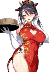  absurdres animal_ears bamboo_steamer baozi bare_shoulders black_hair blush breasts china_dress chinese_clothes commentary_request covered_navel covered_nipples cow_ears cow_horns dress dumpling elbow_gloves fake_animal_ears fake_horns female food gloves hand_up hat head_tilt highres holding horns jewelry large_breasts lips looking_at_viewer mahou_shoujo_madoka_magica mahou_shoujo_suzune_magica mikoto_tsubaki mole mole_on_breast open_mouth ponytail purple_eyes red_dress senri_gan shiny_skin simple_background sleeveless smile solo sweat sweatdrop tail thighs white_background white_gloves 