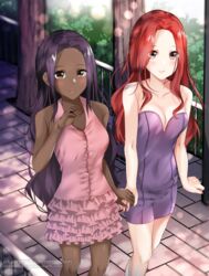  2girls bare_arms bare_shoulders blush breasts brown_eyes cleavage commission couple covered_navel dark-skinned_female dark_skin day deviantart_username dress feet_out_of_frame frilled_dress frills grey_eyes handrail holding_hands interracial large_breasts lens_flare looking_at_viewer multiple_girls okamired original outdoors pink_dress purple_dress purple_hair red_hair red_nails short_dress smile strapless strapless_dress tree very_dark_skin yuri 