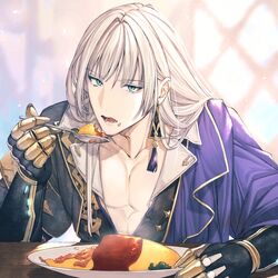  1boy asymmetrical_clothes bishounen blonde_hair blue_eyes cassius_(granblue_fantasy) collarbone earrings food food_on_face gloves granblue_fantasy highres jewelry ketchup male_focus matsuki_tou omelet omurice pectorals plate rice rice_on_face solo spoon tassel tassel_earrings 