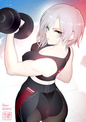  ass asymmetrical_hair bad_id bad_pixiv_id bare_arms bare_shoulders black_sports_bra breasts cleavage commentary_request commission covered_nipples cowboy_shot dumbbell exercising eyes_visible_through_hair female girls&#039;_frontline green_eyes highres large_breasts mg5_(girls&#039;_frontline) short_hair skeb_commission solo sports_bra sweat tomoyuki_hino weightlifting white_hair 