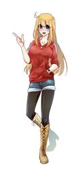  absurdres artist_name black_leggings blonde_hair blue_eyes bokujou_monogatari bokujou_monogatari:_mineral_town_no_nakama_tachi bokujou_monogatari:_saikai_no_mineral_town boots claire_(bokujou_monogatari) collarbone denim denim_shorts female full_body highres hood hoodie leggings looking_at_viewer red_hoodie rikumats short_shorts shorts simple_background solo watch white_background wristwatch 