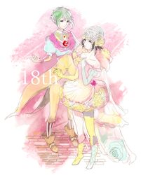  2girls asellus_(saga_frontier) breasts brown_hair closed_mouth dress flower gloves green_hair long_hair looking_at_viewer multiple_girls omochibaaa princess_white_rose red_flower red_rose rose saga saga_frontier short_hair smile white_flower white_rose 