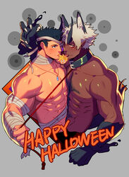  2boys abs animal_collar animal_ear_fluff animal_ears bandage_over_one_eye bandaged_arm bandages bara bare_pectorals biceps black_eyes black_hair blush candy chest_hair collar couple cropped_torso dark-skinned_male dark_skin dog_boy dog_ears dog_tail extra_ears fingernails floody_(paradiso_guardian) food grey_hair halloween halloween_costume happy_halloween highres horns imminent_kiss interracial large_pectorals licking lvlv male_focus multiple_boys mummy_costume muscular muscular_male navel navel_hair nervous nipples one_eye_closed one_eye_covered orange_hair paradiso_guardian pectoral_docking pectoral_press pectorals pointy_ears sharp_fingernails short_hair sideburns string sweatdrop tail tongue tongue_out veins vitos_(paradiso_guardian) yaoi 