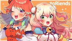  2girls :d ;d blonde_hair breasts close-up earrings english_commentary green_eyes highres hololive hololive_english jewelry long_hair looking_at_viewer medium_breasts mixed-language_commentary momosuzu_nene momosuzu_nene_(old_design) multiple_girls oerba_yun_fang one_eye_closed open_mouth orange_hair second-party_source smile takanashi_kiara takanashi_kiara_(1st_costume) tamawo_(mu_gi2) v-shaped_eyebrows virtual_youtuber 