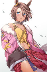  animal_ears blue_eyes brown_hair clothes_around_waist cocoa_(cafe-hotcocoa) denim female fur-trimmed_jacket fur_trim hands_in_pockets highres horse_ears horse_girl horse_tail jacket jacket_around_waist jeans midriff narita_taishin_(umamusume) navel pants solo tail tank_top torn_clothes torn_jeans torn_pants umamusume 