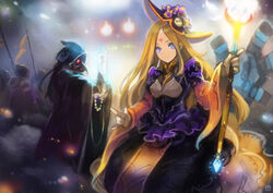  3others absurdres blonde_hair blue_eyes blurry blurry_background dress facial_mark female forehead_mark gloves halloween hat heart highres holding holding_staff hooded_robe long_hair looking_at_viewer mask multiple_others necromancer okuto original robe smile staff white_gloves wide_sleeves 