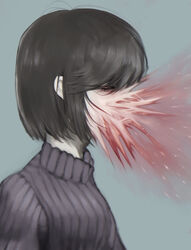  aqua_background black_hair closed_eyes commentary female grey_sweater guro highres original ribbed_sweater short_hair simple_background sneezing solo sumosamo sweater turtleneck turtleneck_sweater upper_body 