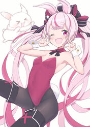  ;d absurdres animal_ears black_footwear black_pantyhose black_ribbon blush boots breasts detached_collar double_v female hair_ribbon highres indie_virtual_youtuber leotard long_hair looking_at_viewer neck_ribbon one_eye_closed pantyhose pink_eyes pink_hair playboy_bunny rabbit rabbit_ears rabbit_girl rabbit_tail red_leotard ribbon simple_background small_breasts smile solo strapless strapless_leotard tail taraneko_miso thick_eyebrows thigh_boots tomari_mari twintails v very_long_hair virtual_youtuber white_background wrist_cuffs 