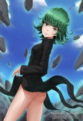  ass black_dress blush breasts commentary curly_hair dannex009 dress female green_eyes green_hair highres long_sleeves looking_at_viewer no_panties one-punch_man patreon_username short_hair small_breasts solo tatsumaki telekinesis watermark web_address 