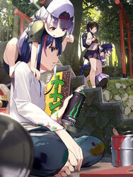  4girls backpack bag baseball_cap blue_hair blue_headwear blunt_bangs blurry blurry_foreground braid brown_eyes brown_hair can cigarette climbing closed_eyes commentary day denim dirty dirty_clothes eel_hat forest glasses grey_hair hat headgear highres holding holding_can indian_style japanese_clothes jeans kizuna_akari kotonoha_aoi kuz long_hair looking_at_another miniskirt mouth_hold multicolored_hair multiple_girls multiple_torii nature obi on_person otomachi_una otomachi_una_(talkex) outdoors paint pants pantyhose paw_pose pleated_skirt purple_shirt purple_skirt red-tinted_eyewear sash school_uniform shirt shorts sign sitting skirt sleeveless sleeveless_shirt smile spray_can stairs streaked_hair talkex tinted_eyewear torii touhoku_kiritan tree vocaloid voiceroid white_headwear white_shirt 