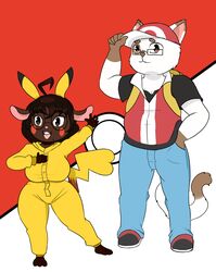  anthro clothing cosplay costume duo felid feline female generation_1_pokemon gwen_geek gwen_martin hat headgear headwear hi_res krustscrub looking_at_viewer male mammal mouse murid murine nintendo pikachu pokemon pokemon_(species) pokemon_trainer red&#039;s_pikachu red_(pokemon) rodent toshio_nakamura 