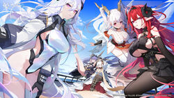  5girls absurdres armpits ass azur_lane bare_shoulders black_gloves black_pantyhose black_thighhighs blue_sky breasts cleavage closed_mouth cloud cloudy_sky covered_navel elbow_gloves felix_schultz_(azur_lane) flandre_(azur_lane) floating_hair gloves green_eyes hair_between_eyes highleg highleg_leotard highres hindenburg_(azur_lane) horns impossible_clothes impossible_leotard kearsarge_(azur_lane) leotard long_bangs long_hair looking_at_viewer multiple_girls official_art pantyhose parted_lips pink_eyes purple_eyes red_eyes second-party_source shimanto_(azur_lane) sideboob sitting sky smile standing thighhighs thighs white_hair white_leotard white_thighhighs world_of_warships 