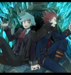  2boys black_cape black_jacket black_pants cape cave collared_shirt commentary_request hand_up highres holding_hands jacket jewelry kometubu0712 lance_(pokemon) letterboxed long_sleeves looking_back male_focus multiple_boys open_mouth pants pokemon pokemon_hgss pokemon_oras red_hair ring shirt sitting smile spiked_hair steven_stone tongue white_shirt yaoi 