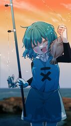  :d absurdres adapted_costume blue_hair blush closed_eyes cloud commentary cowboy_shot female fish fishing fishing_rod flounder happy head_tilt highres orange_sky outdoors pantyhose salt_(seasoning) short_hair shorts sky smile solo sunset tatara_kogasa touhou 